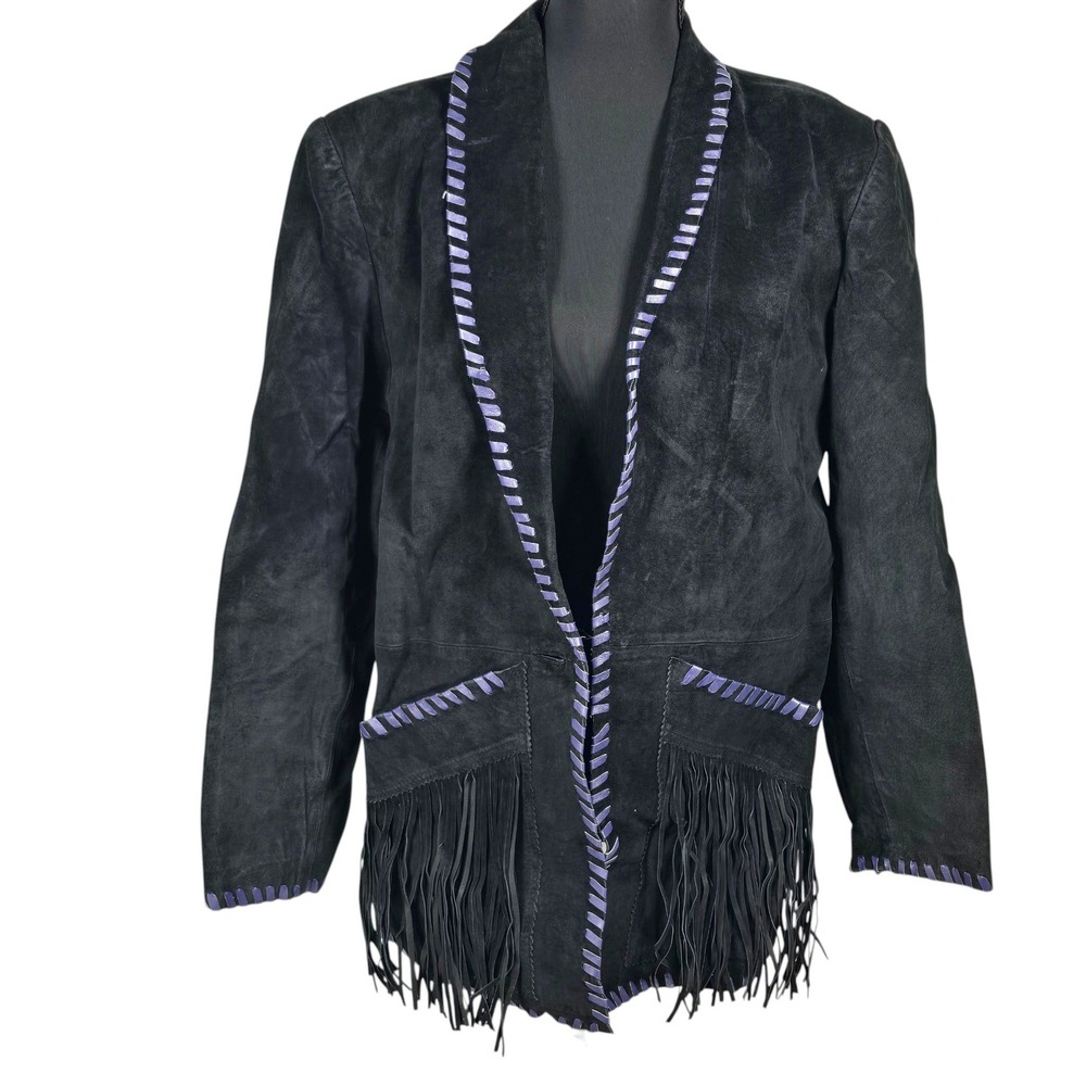 Vanna White Original Black Suede Leather Fringe Western Jacket Purple Whipstitch